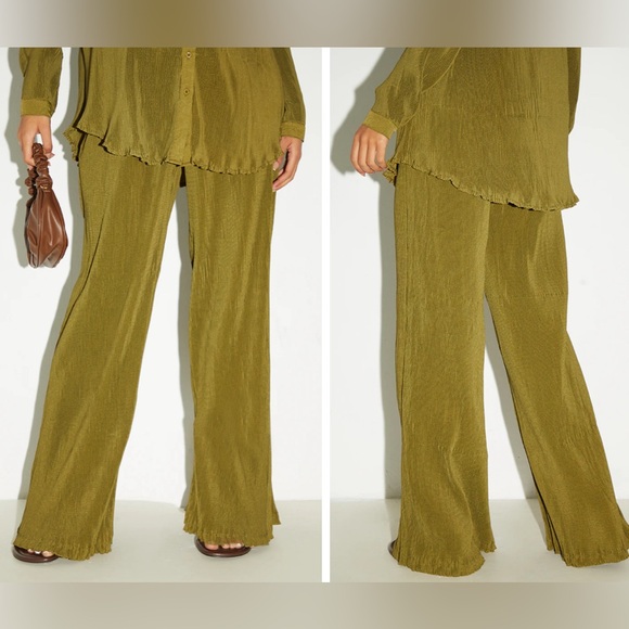 Tall Olive Plisse High Waisted Wide Leg Pants and Shirt - Picture 2 of 4